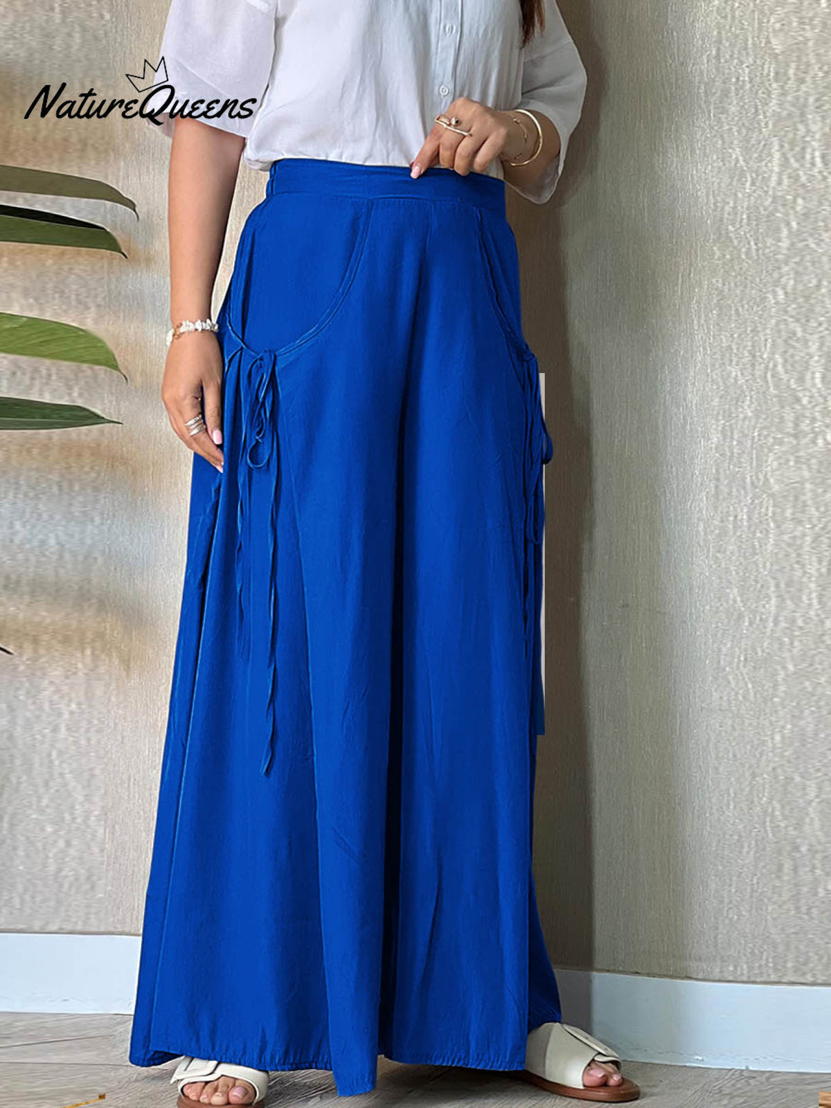 Women's Solid High Waist Lace-Up Casual Linen Wide Leg Pants