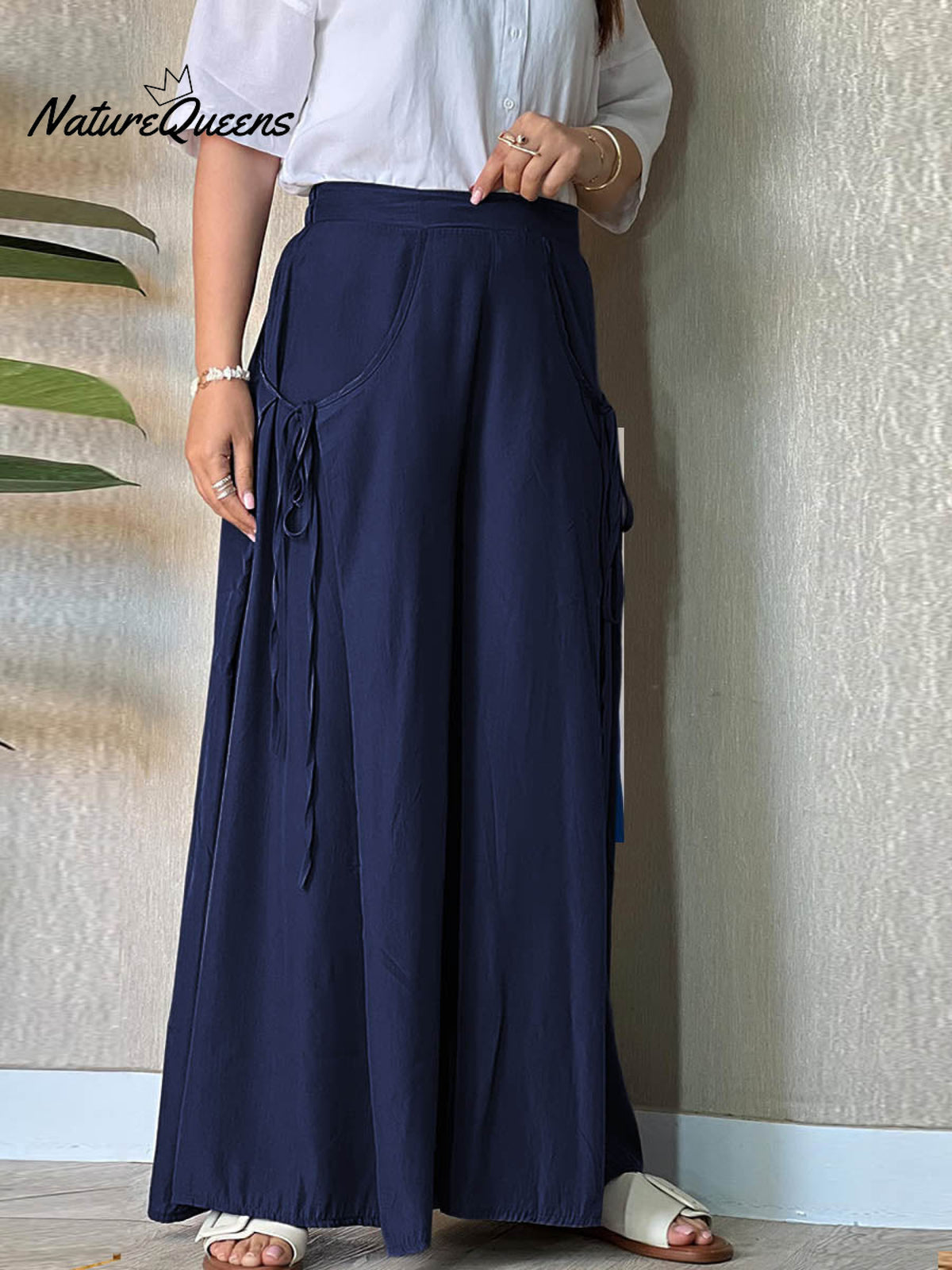 Women's Solid High Waist Lace-Up Casual Linen Wide Leg Pants