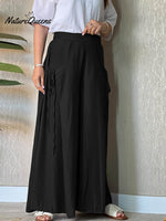 Women's Solid High Waist Lace-Up Casual Linen Wide Leg Pants
