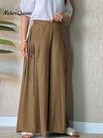 Women's Solid High Waist Lace-Up Casual Linen Wide Leg Pants