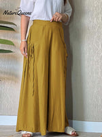 Women's Solid High Waist Lace-Up Casual Linen Wide Leg Pants