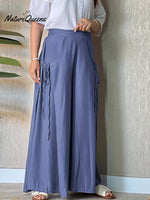 Women's Solid High Waist Lace-Up Casual Linen Wide Leg Pants