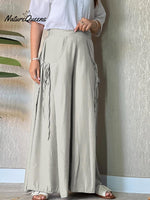 Women's Solid High Waist Lace-Up Casual Linen Wide Leg Pants