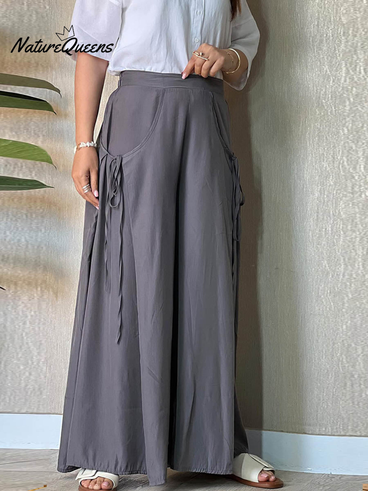 Women's Solid High Waist Lace-Up Casual Linen Wide Leg Pants