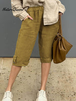 Women's Solid Elastic Waist Casual Linen Capri Pants