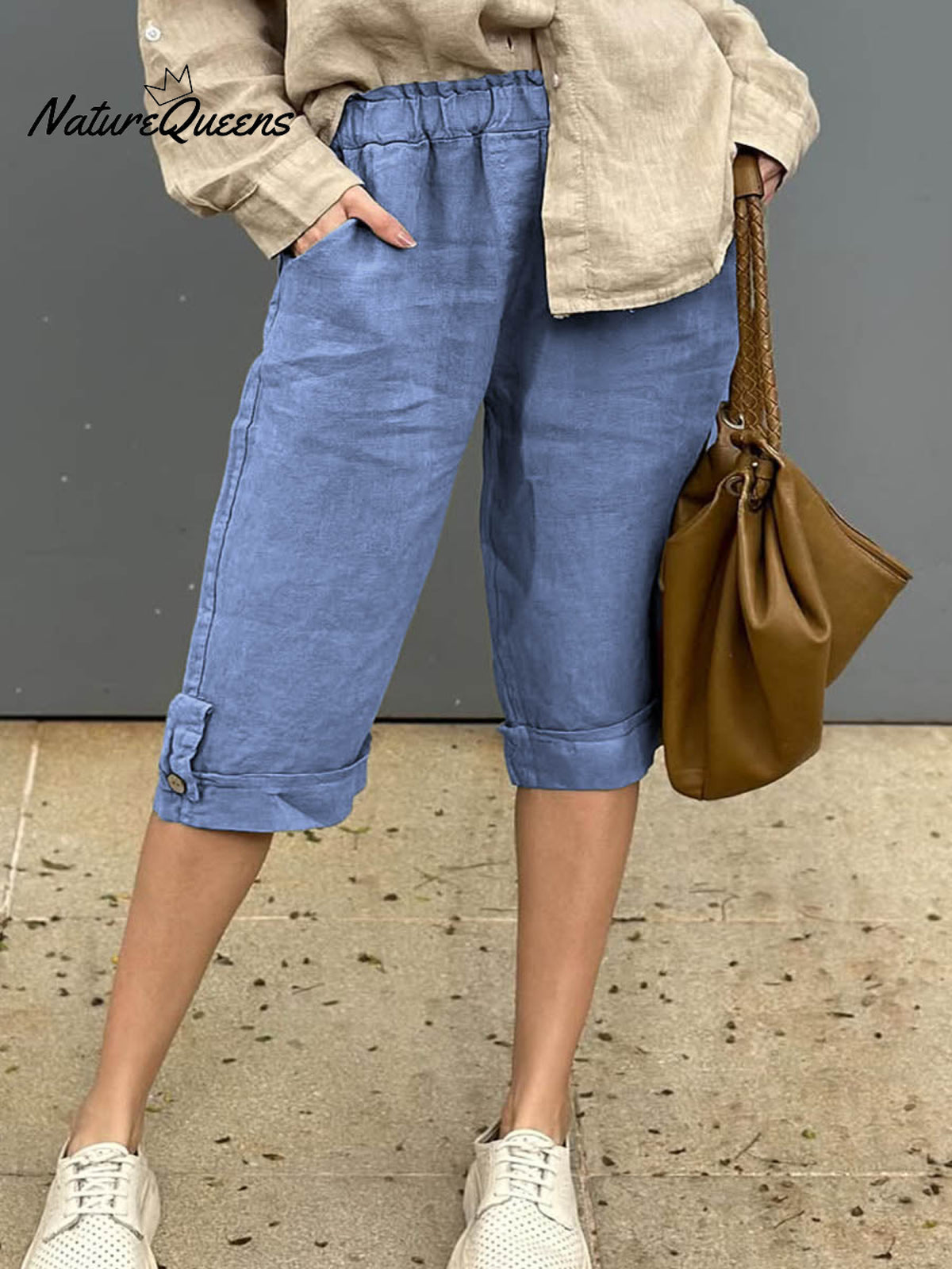 Women's Solid Elastic Waist Casual Linen Capri Pants