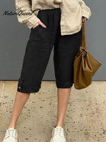 Women's Solid Elastic Waist Casual Linen Capri Pants