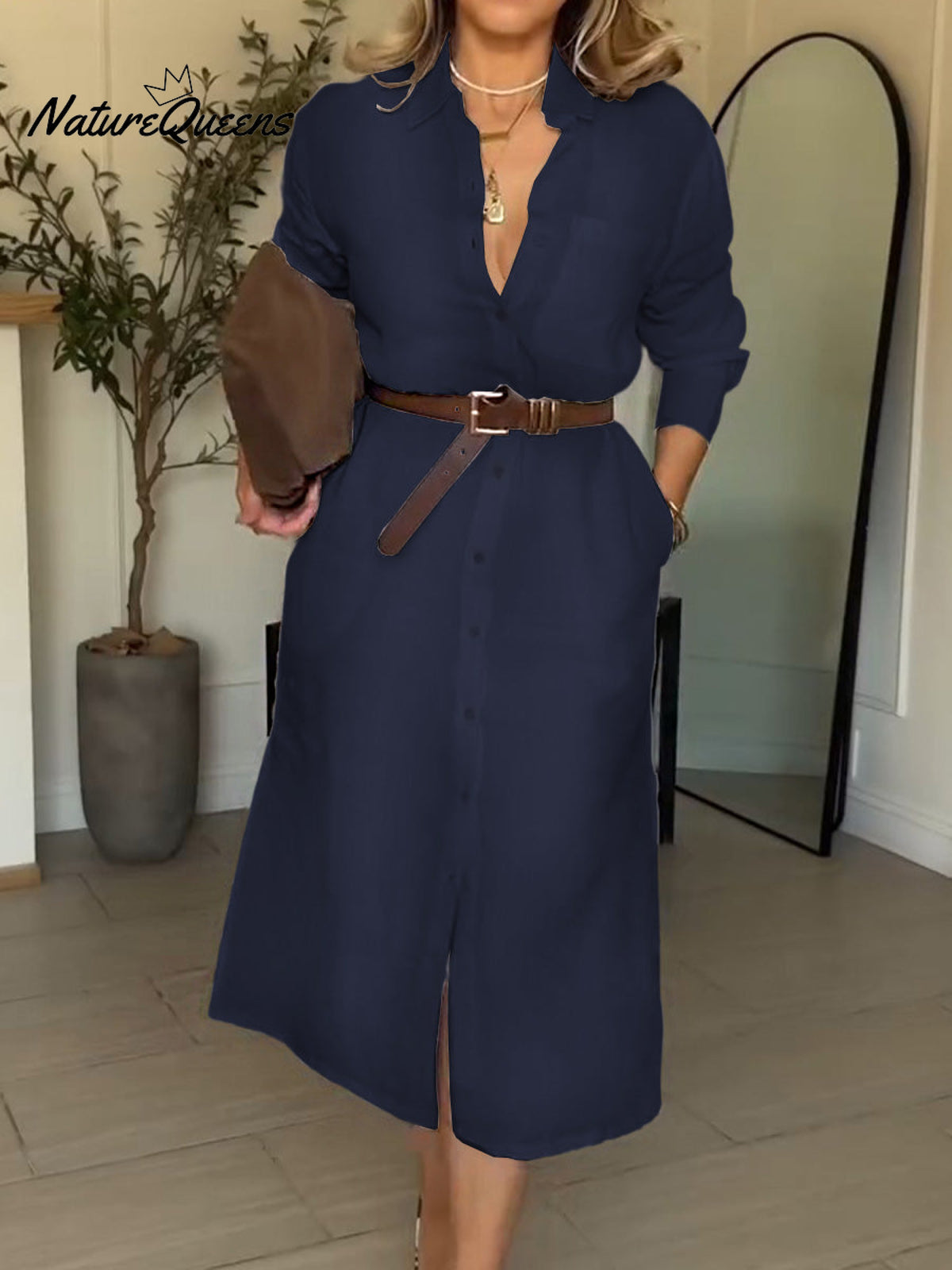 Women Solid Color Shirt Collar Long Sleeve Cardigan Cotton Shirt Dress