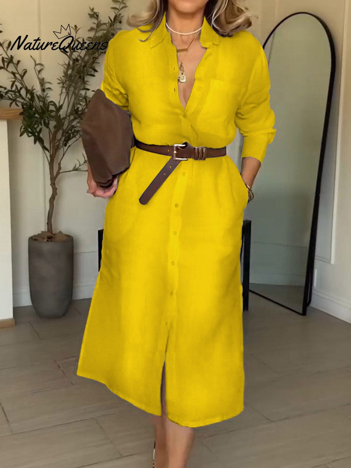 Women Solid Color Shirt Collar Long Sleeve Cardigan Cotton Shirt Dress