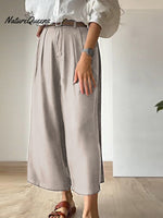 Women Solid Color Casual Linen Cropped Wide Leg Pants