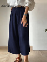 Women Solid Color Casual Linen Cropped Wide Leg Pants