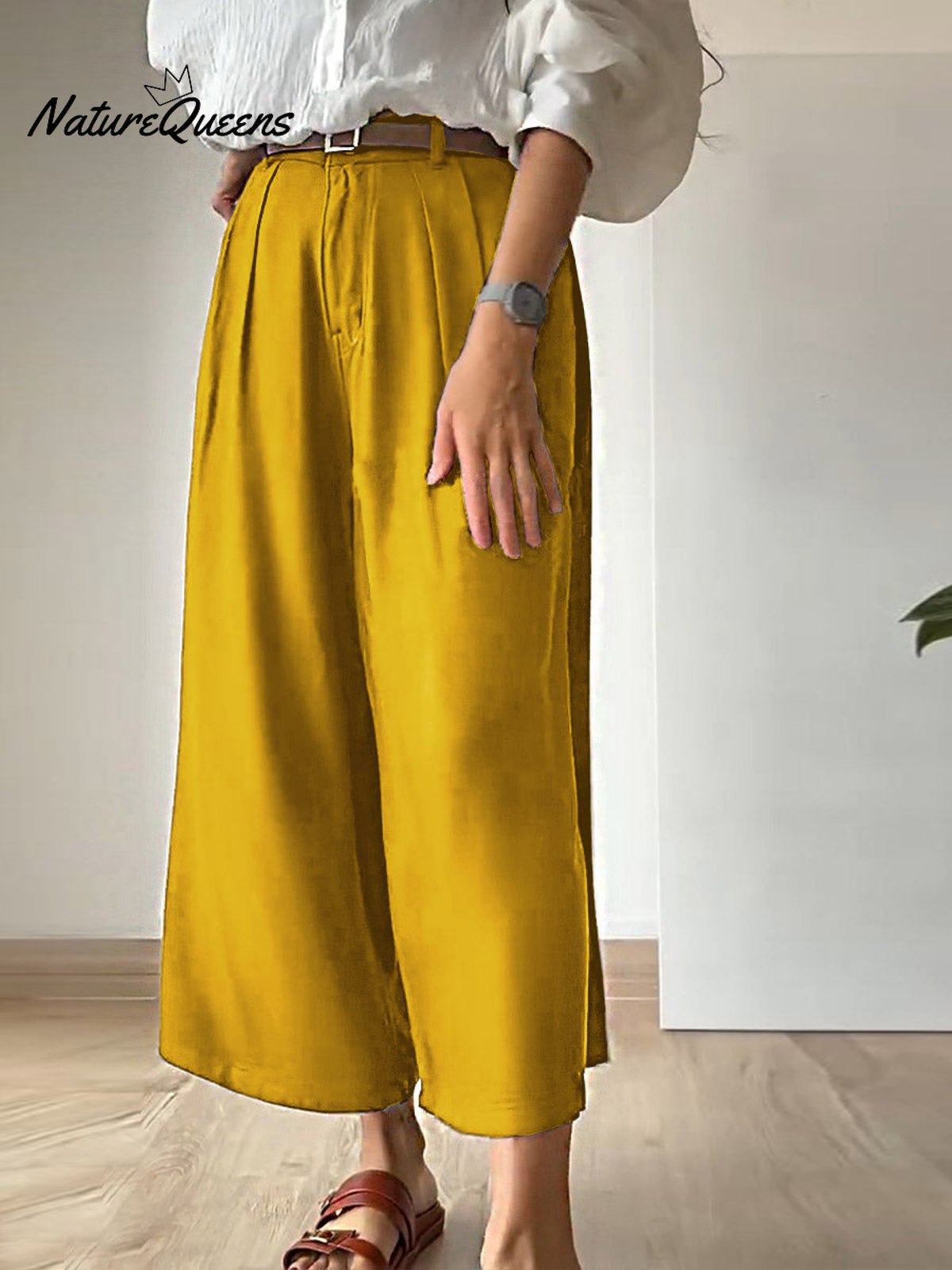Women Solid Color Casual Linen Cropped Wide Leg Pants