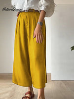 Women Solid Color Casual Linen Cropped Wide Leg Pants
