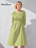 Women's Solid Color Round Neck Three-quarter Sleeve Drawstring Casual Cotton and Linen Dress