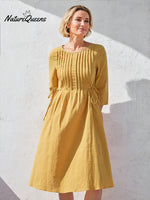 Women's Solid Color Round Neck Three-quarter Sleeve Drawstring Casual Cotton and Linen Dress