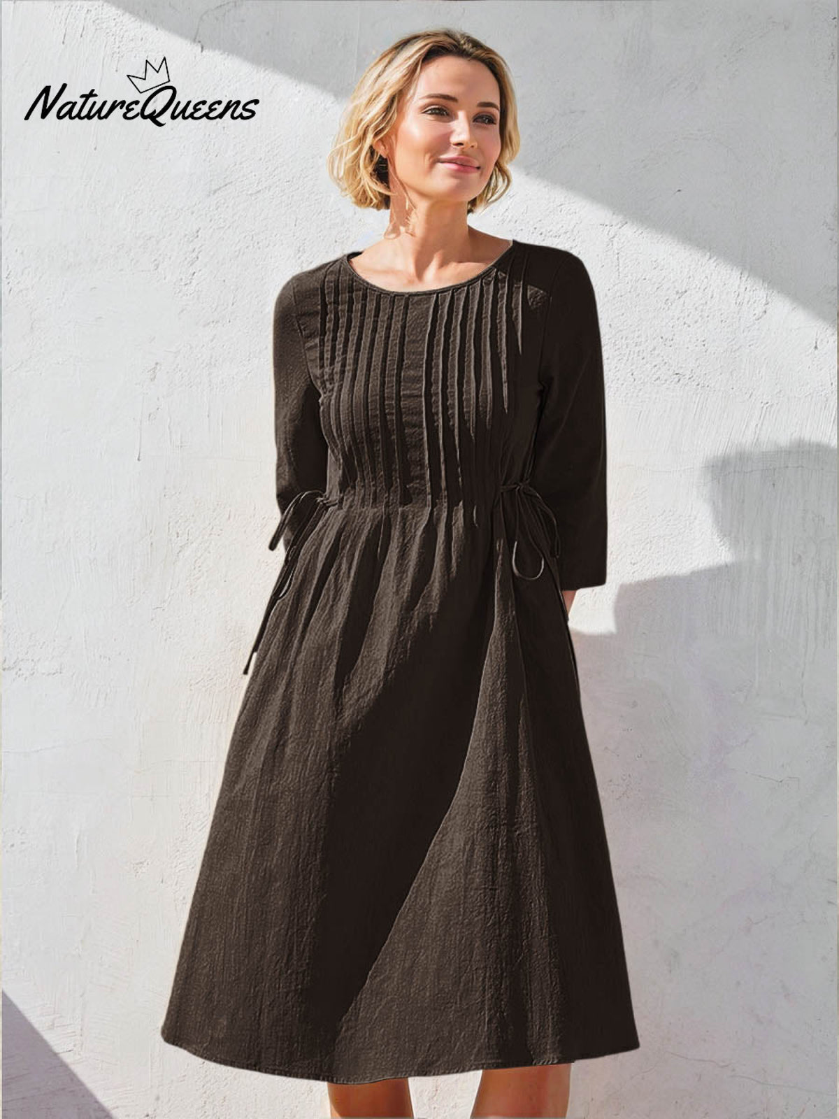 Women's Solid Color Round Neck Three-quarter Sleeve Drawstring Casual Cotton and Linen Dress