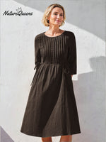 Women's Solid Color Round Neck Three-quarter Sleeve Drawstring Casual Cotton and Linen Dress