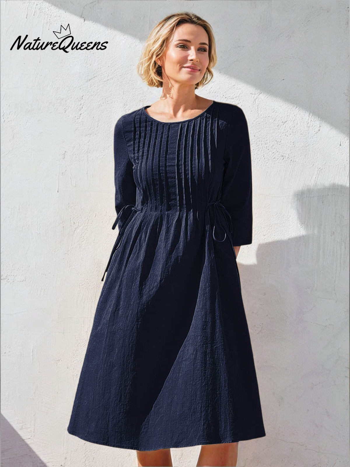 Women's Solid Color Round Neck Three-quarter Sleeve Drawstring Casual Cotton and Linen Dress