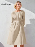 Women's Solid Color Round Neck Three-quarter Sleeve Drawstring Casual Cotton and Linen Dress