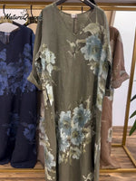 Women's V-neck Long Sleeve Casual Loose Retro Printed Cotton and Linen Dress