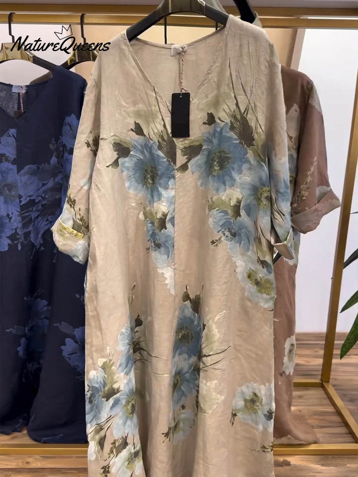 Women's V-neck Long Sleeve Casual Loose Retro Printed Cotton and Linen Dress