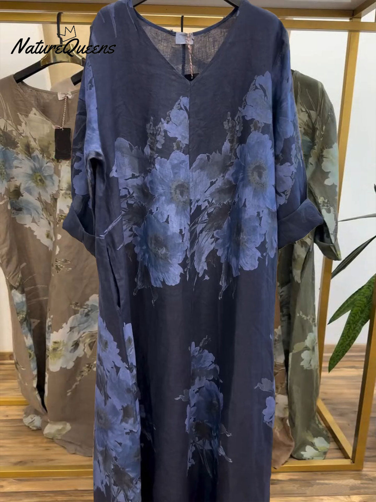 Women's V-neck Long Sleeve Casual Loose Retro Printed Cotton and Linen Dress