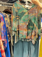 Women's Abstract Print V-Neck 3/4 Sleeve Casual Loose Cardigan Top Elastic Waist Solid Color Wide-Leg Pants Set