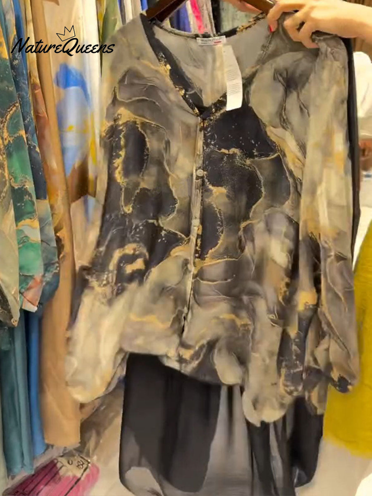 Women's Abstract Print V-Neck 3/4 Sleeve Casual Loose Cardigan Top Elastic Waist Solid Color Wide-Leg Pants Set