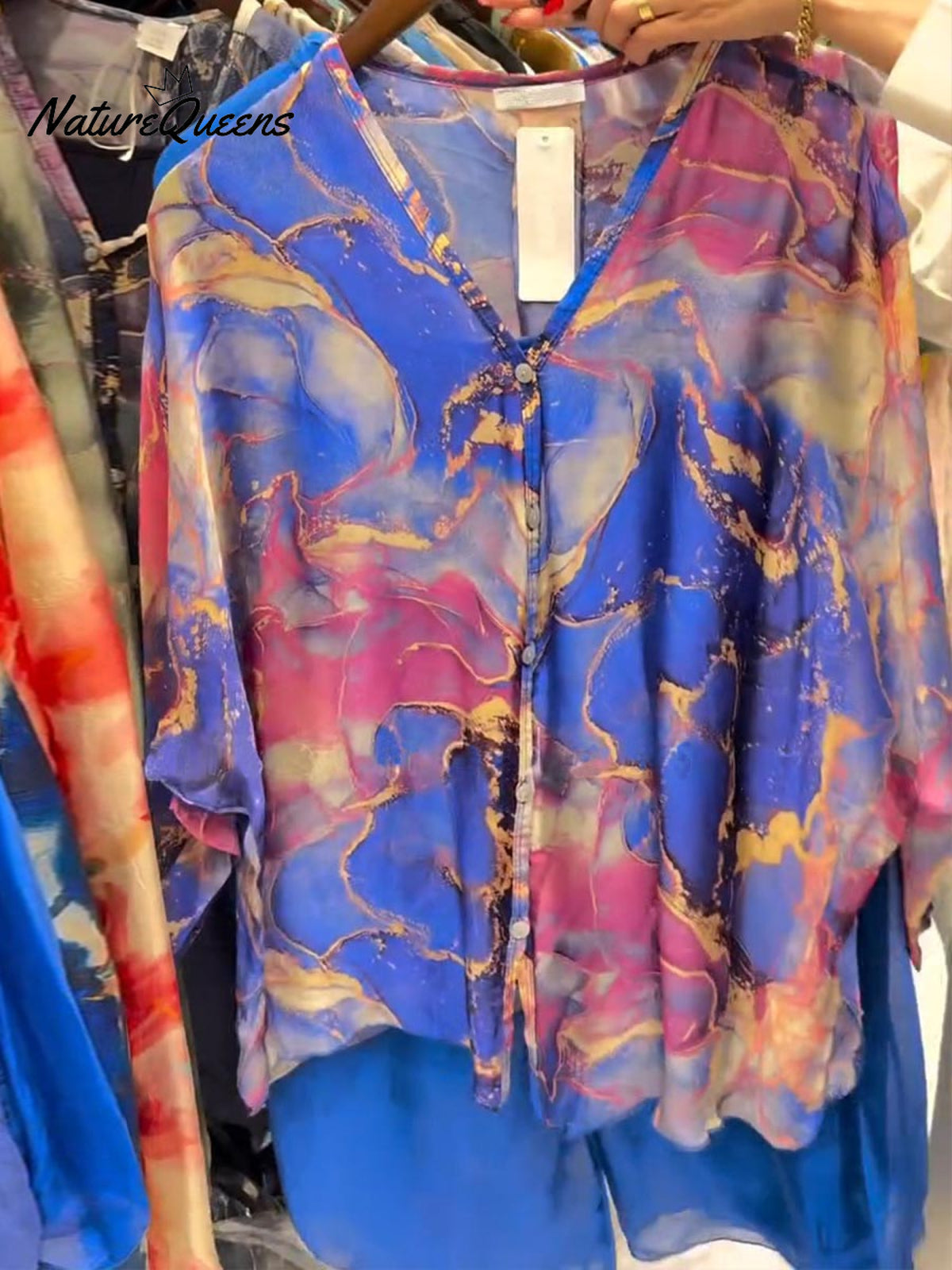 Women's Abstract Print V-Neck 3/4 Sleeve Casual Loose Cardigan Top Elastic Waist Solid Color Wide-Leg Pants Set