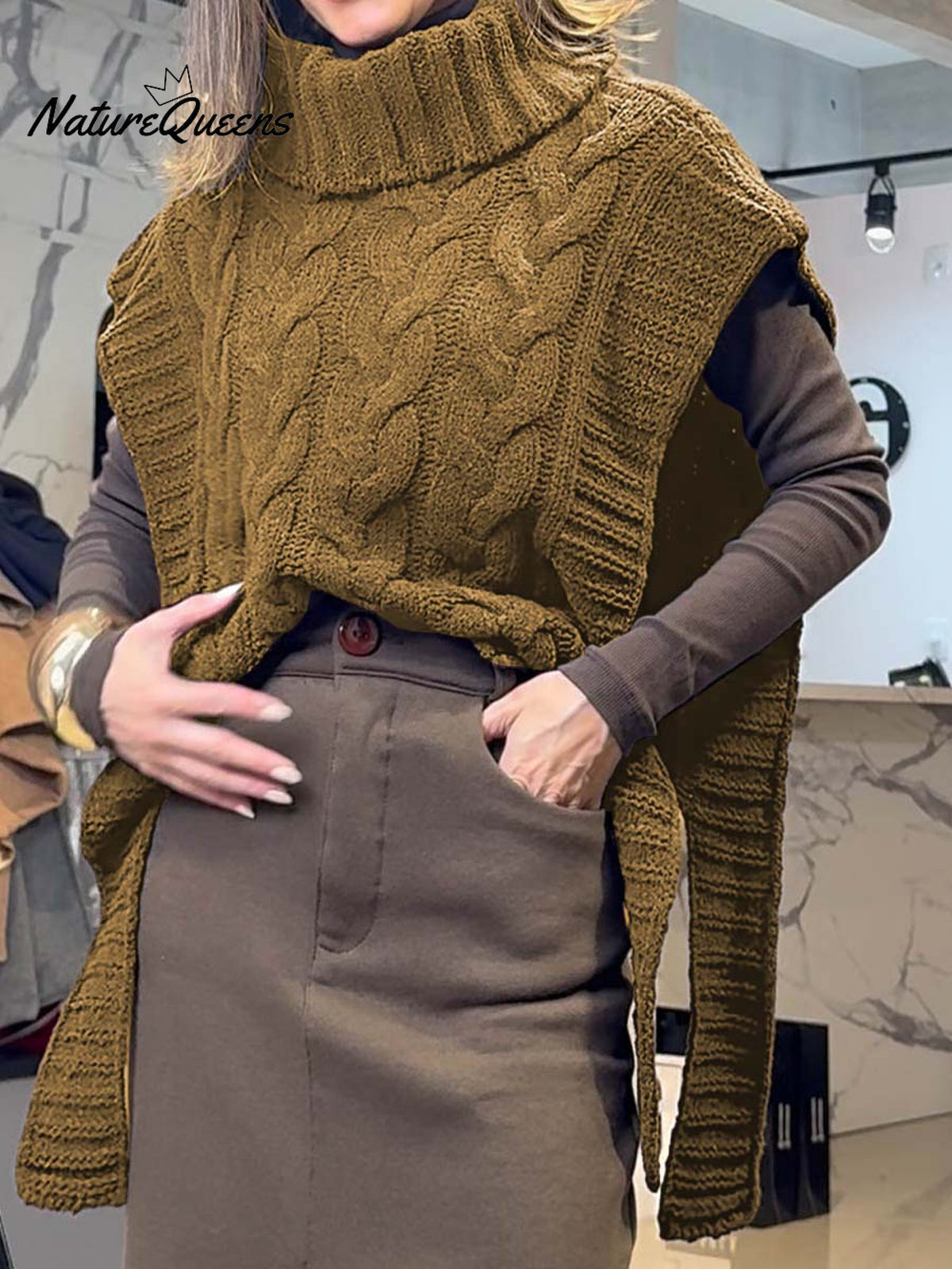 Women's Solid Color Turtleneck Short Sleeve Casual Lace-Up Sweater