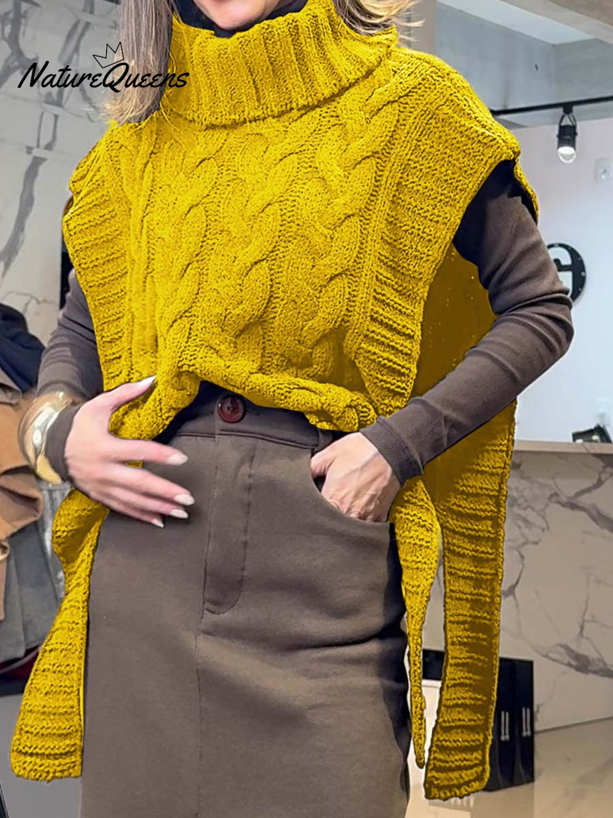 Women's Solid Color Turtleneck Short Sleeve Casual Lace-Up Sweater