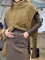 Women's Solid Color Turtleneck Short Sleeve Casual Lace-Up Sweater