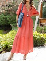 Women's Solid Color V-Neck 3/4 Sleeve Casual Loose Cotton and Linen Dress