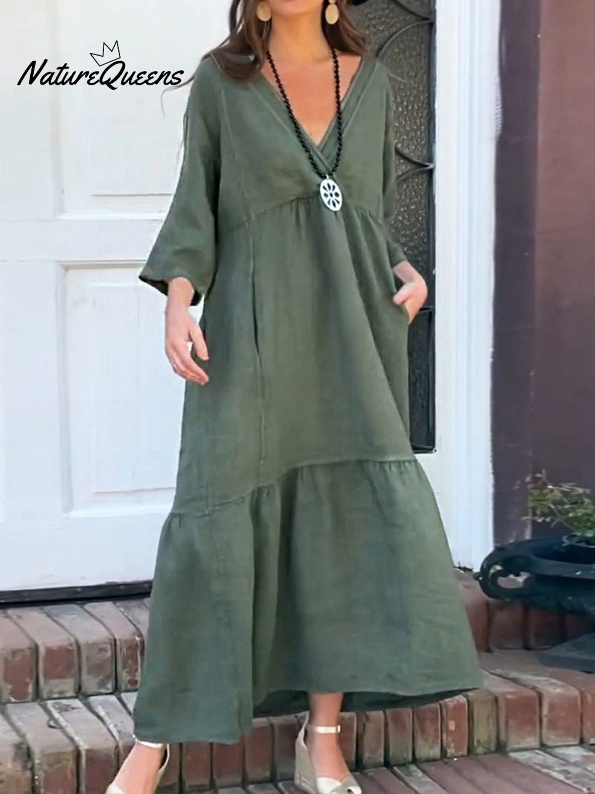 Women's Solid Color V-Neck 3/4 Sleeve Casual Loose Cotton and Linen Dress