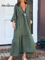 Women's Solid Color V-Neck 3/4 Sleeve Casual Loose Cotton and Linen Dress