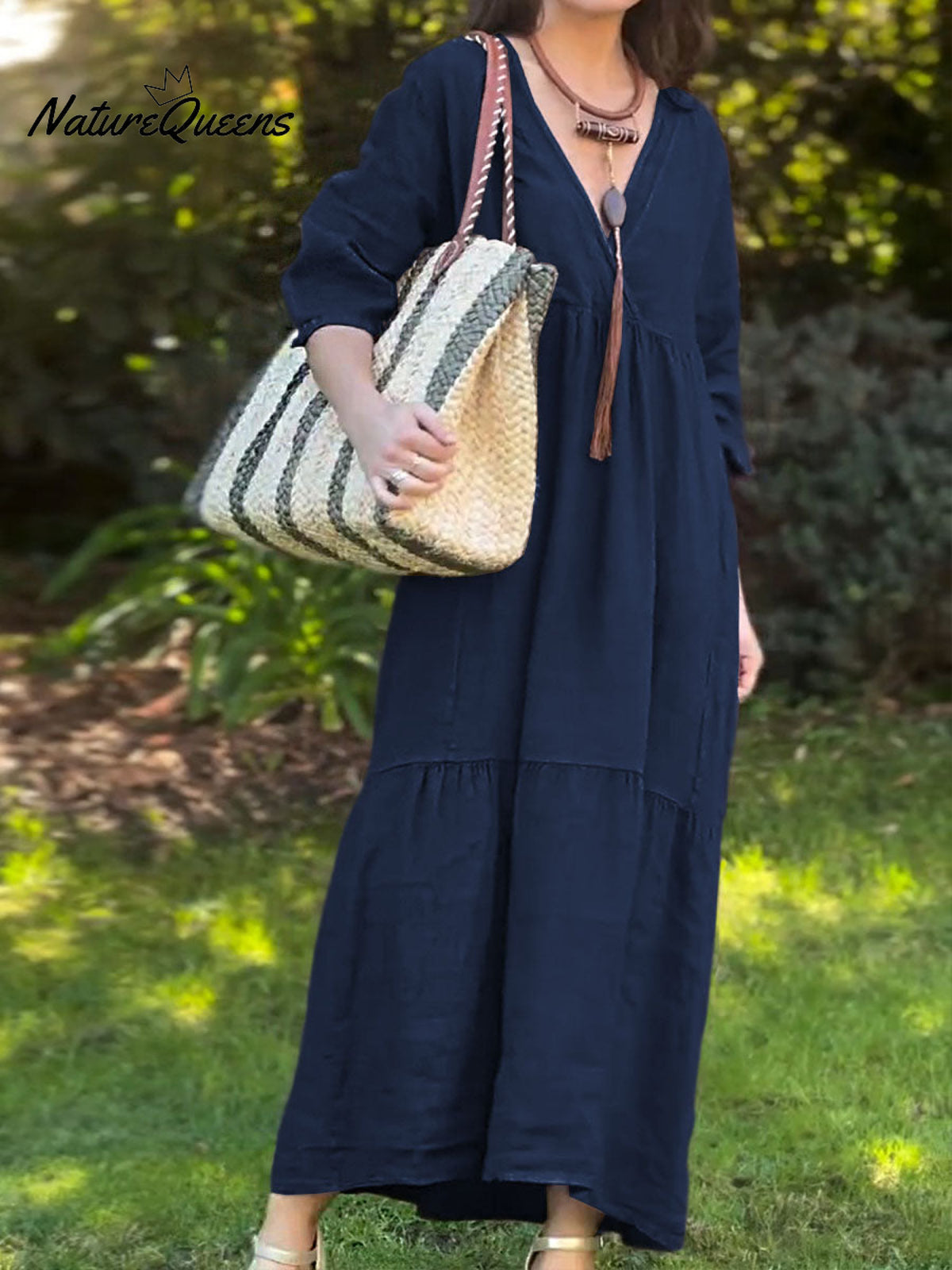 Women's Solid Color V-Neck 3/4 Sleeve Casual Loose Cotton and Linen Dress