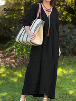 Women's Solid Color V-Neck 3/4 Sleeve Casual Loose Cotton and Linen Dress