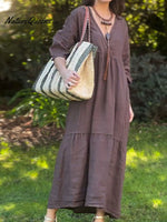 Women's Solid Color V-Neck 3/4 Sleeve Casual Loose Cotton and Linen Dress