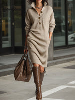 Women's Solid Color Stand Collar Long Sleeve Casual Loose Knitted Dress