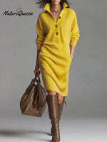Women's Solid Color Stand Collar Long Sleeve Casual Loose Knitted Dress
