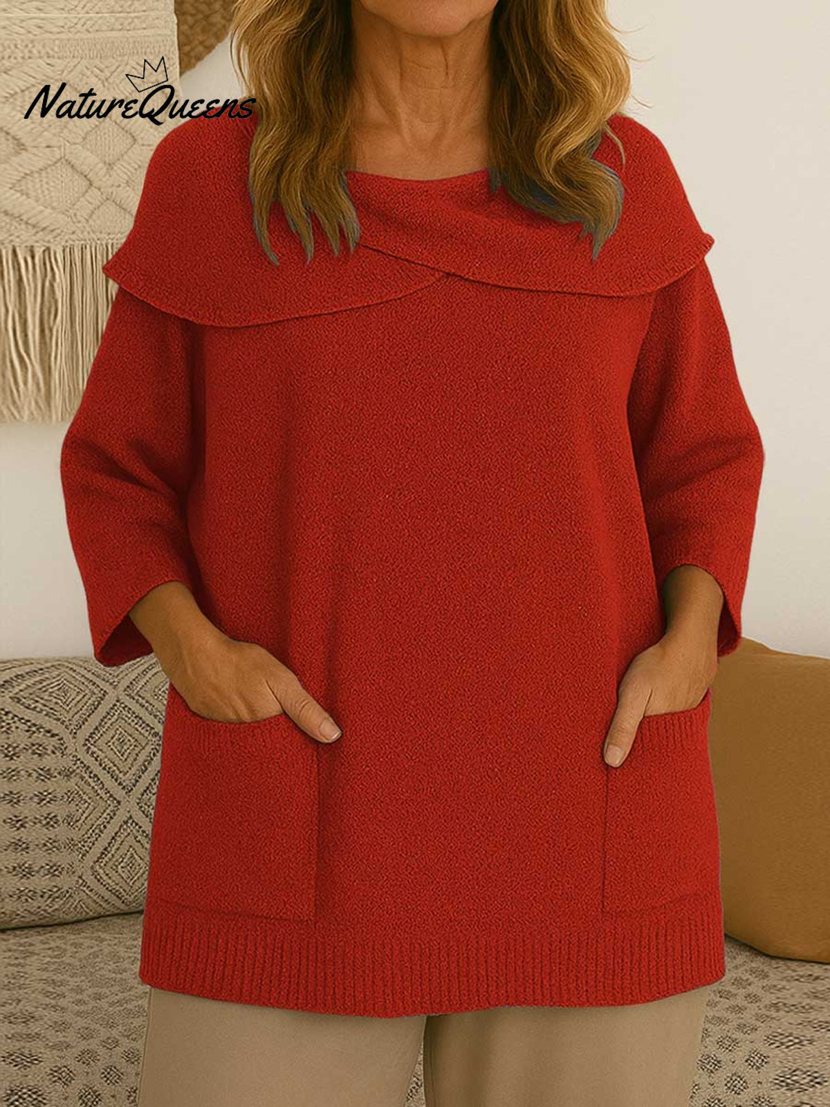 Women's Solid Color Lapel 3/4 Sleeve Casual Loose Pullover Sweater