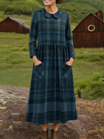 Women's Plaid Print Peter Pan Collar Long Sleeve Casual Loose Dress