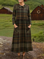 Women's Plaid Print Peter Pan Collar Long Sleeve Casual Loose Dress