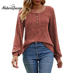 Women's Fall Button Scoop Neck Puff Long Sleeve Henley Shirts