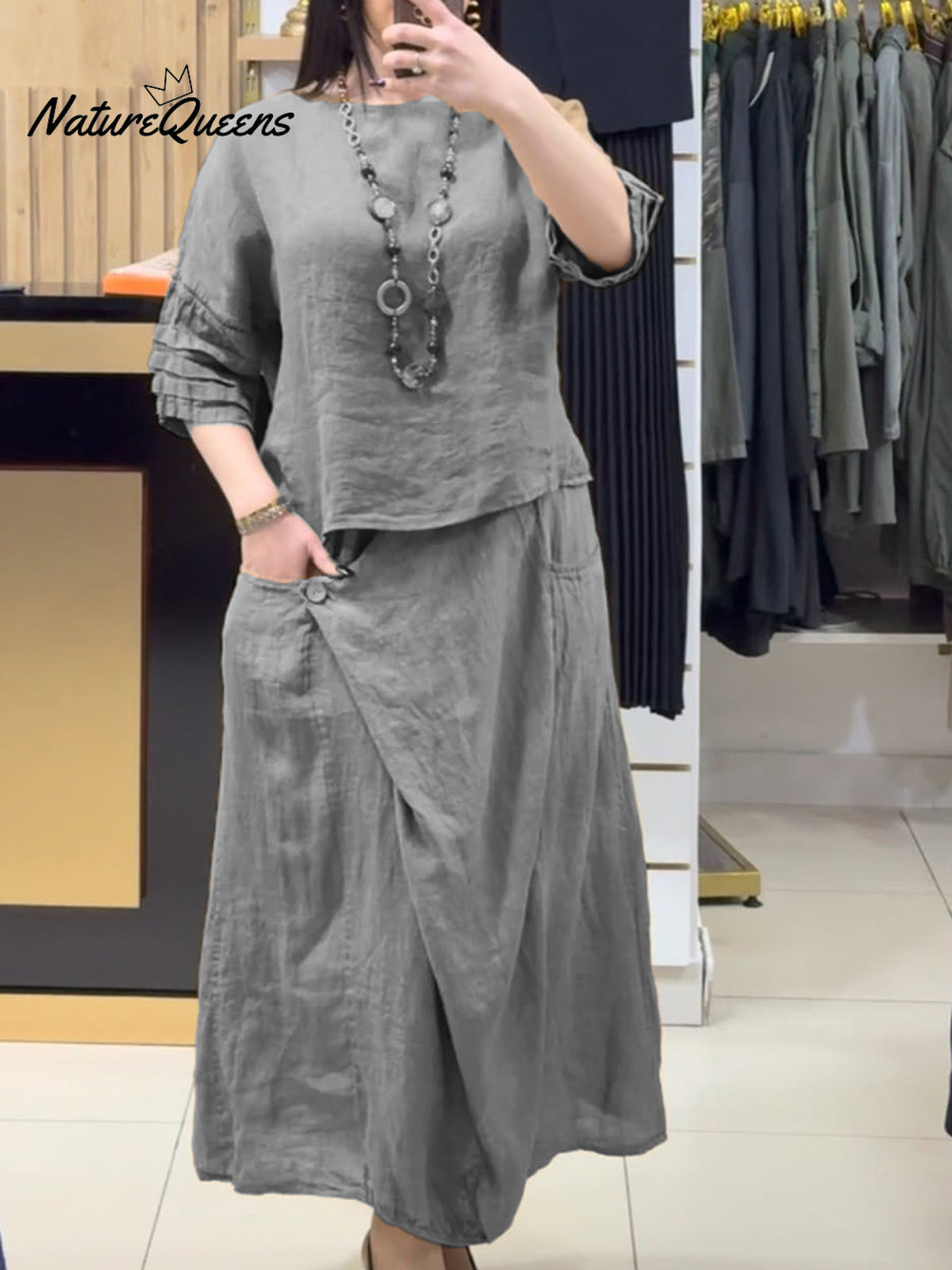 Women's Casual Cotton And Linen Crew Neck Top and Skirt Set