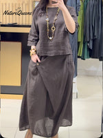 Women's Casual Cotton And Linen Crew Neck Top and Skirt Set