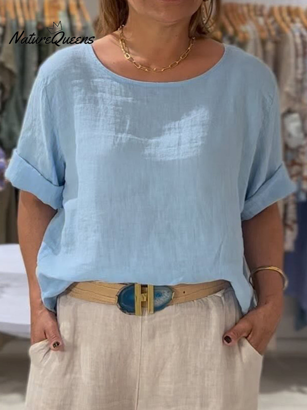 Women's Front and Back Two-way Casual Cotton And Linen Short Sleeve Shirt