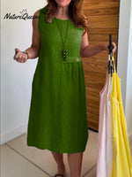 Women's Round Neck Pocket Cotton and Linen Dress