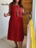 Women's Round Neck Pocket Cotton and Linen Dress