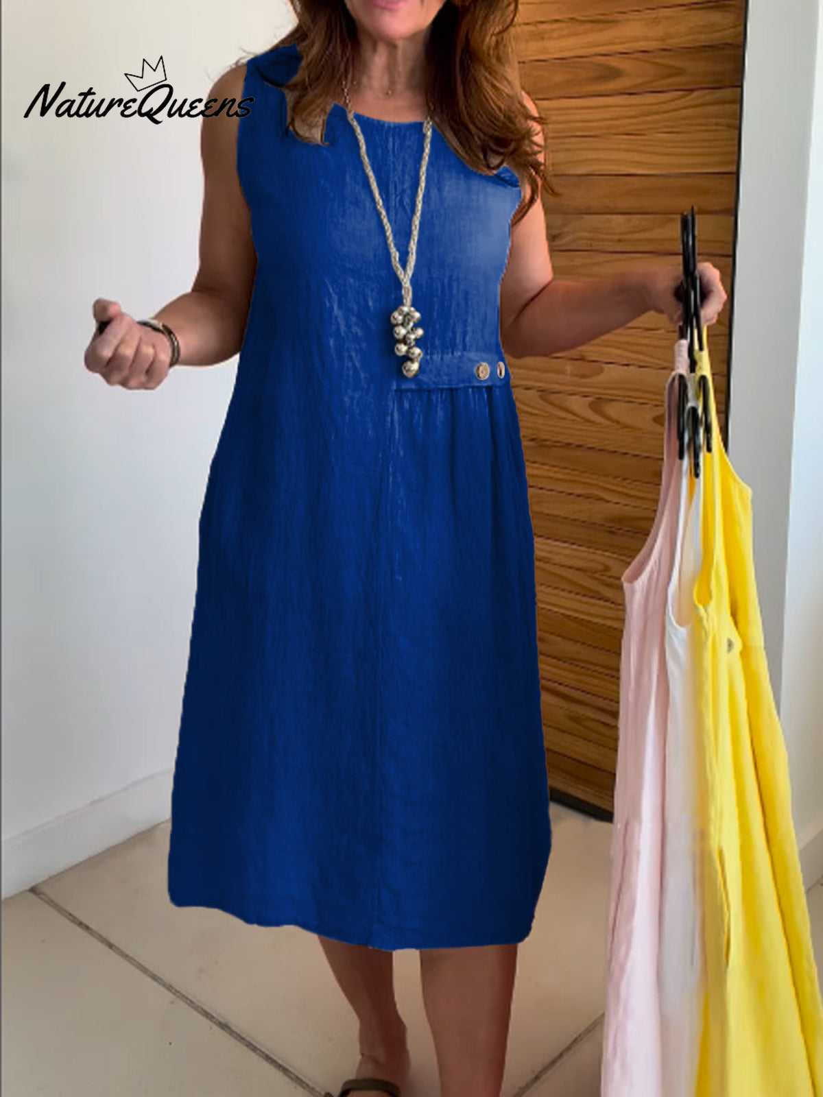 Women's Round Neck Pocket Cotton and Linen Dress